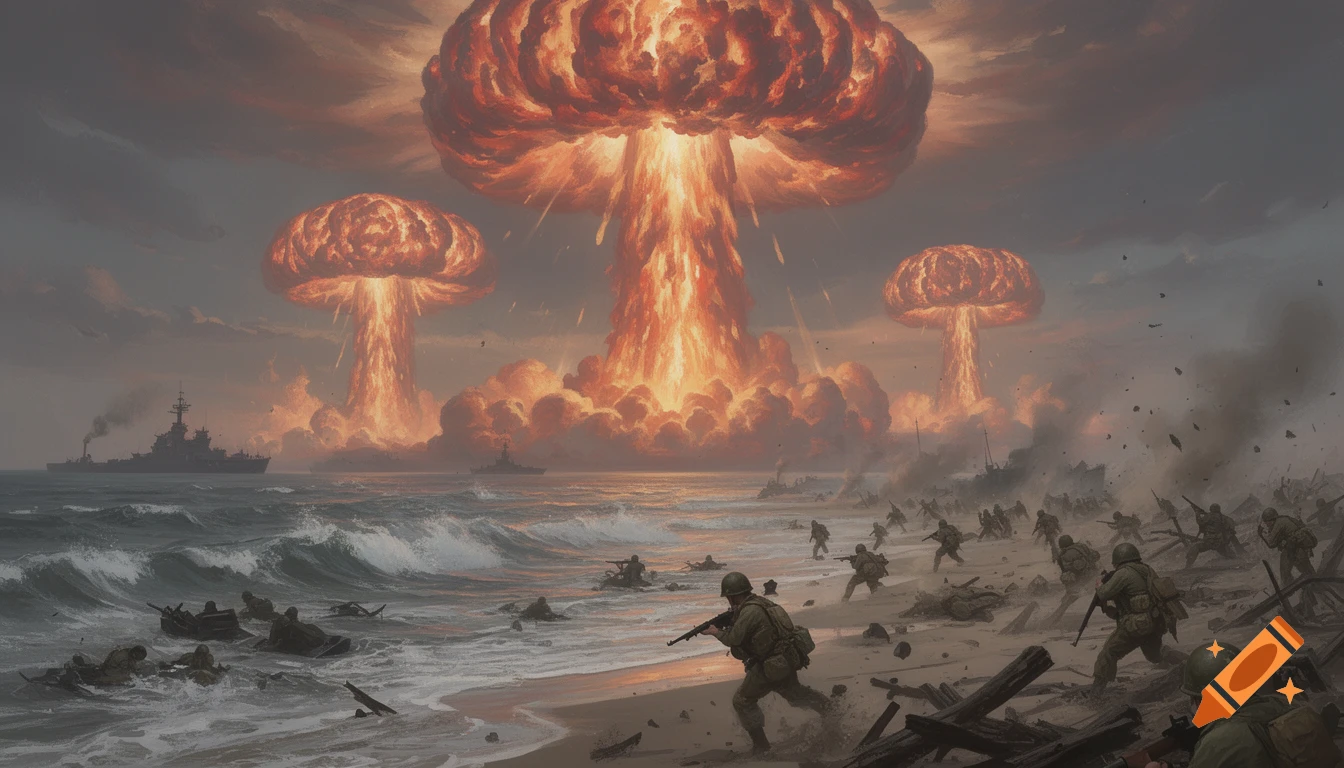 Dramatic painting of soldiers storming a beach under multiple atomic mushroom clouds with warships.