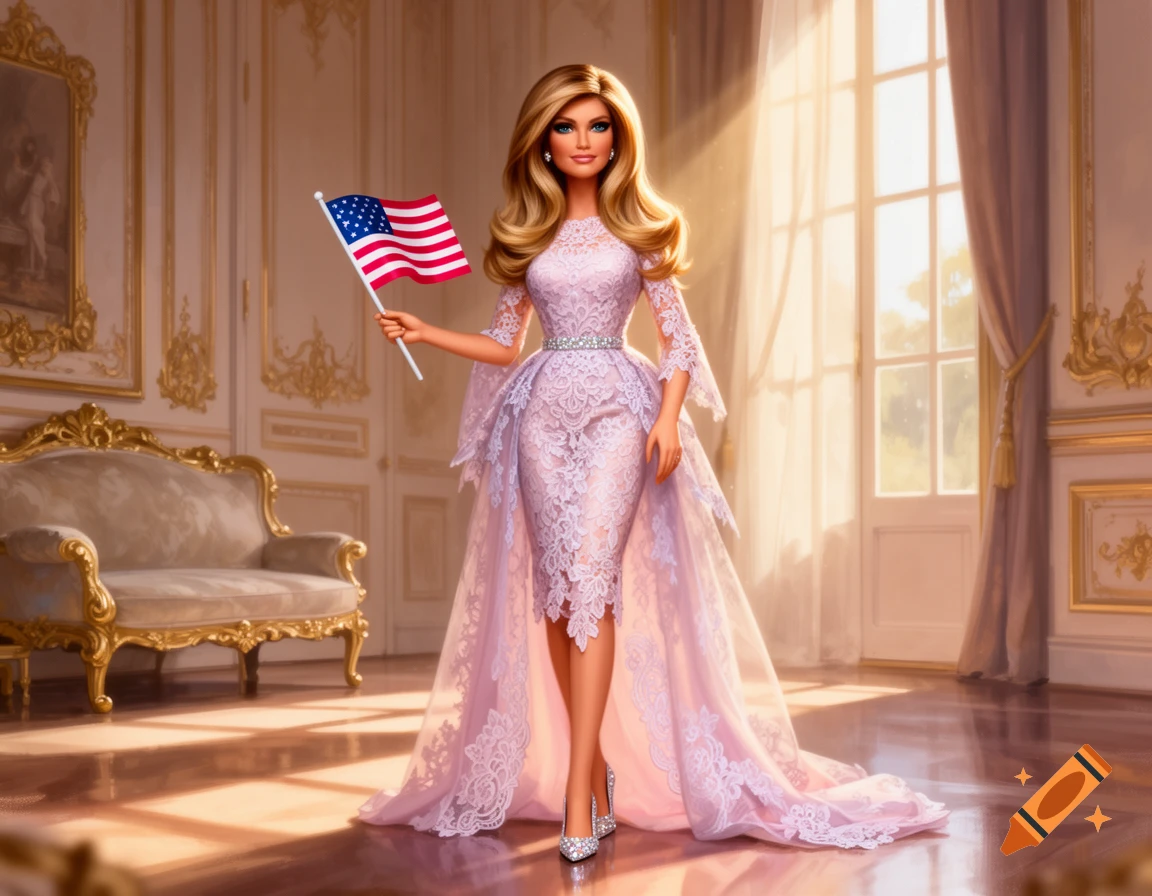 A Barbie-like woman in a pink lace gown, holding an American flag, stands in an opulent, sunlit room.