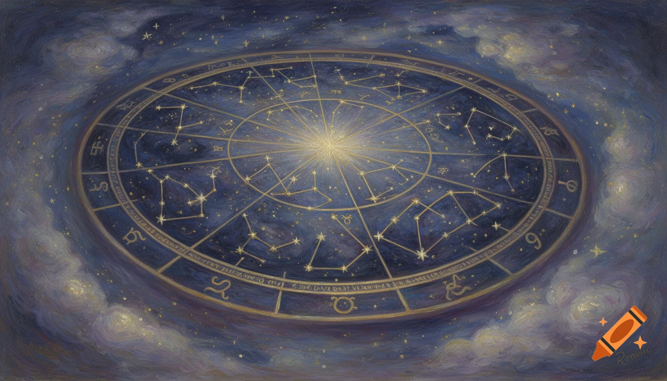 An oil painting of a cosmic astrology chart in blues and purples, featuring golden constellations and zodiac symbols on a starry night sky with ethereal clouds.