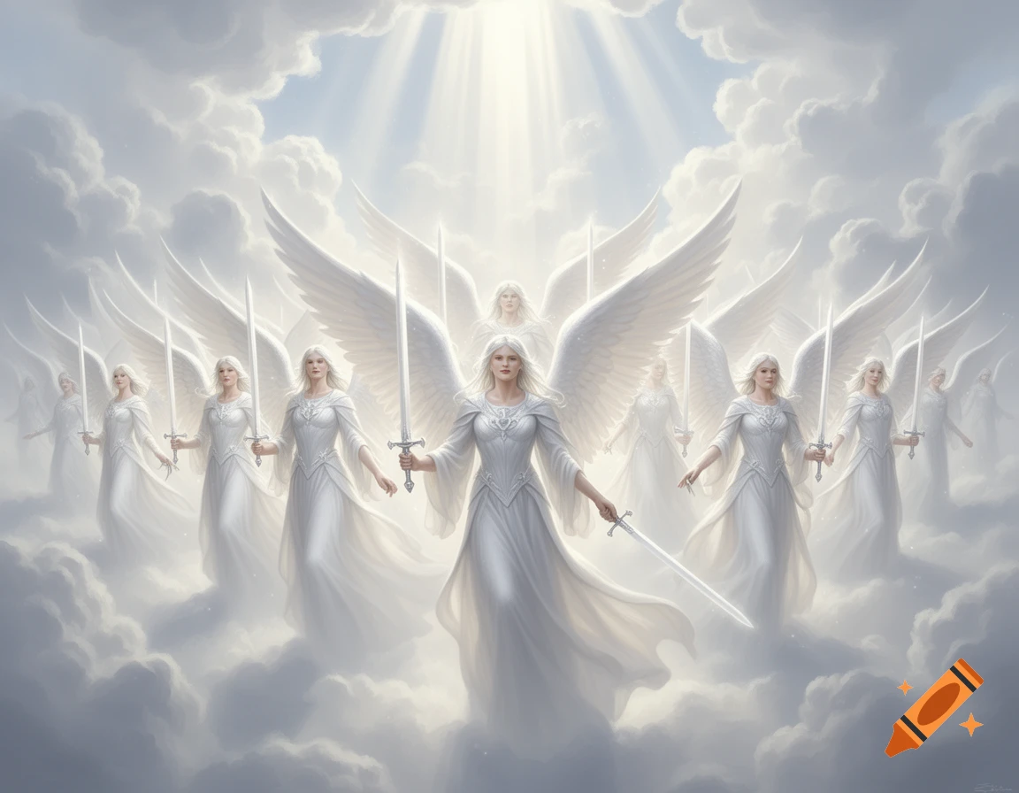 A host of winged angels in white robes hold swords while standing in glowing clouds with rays of light shining from above.