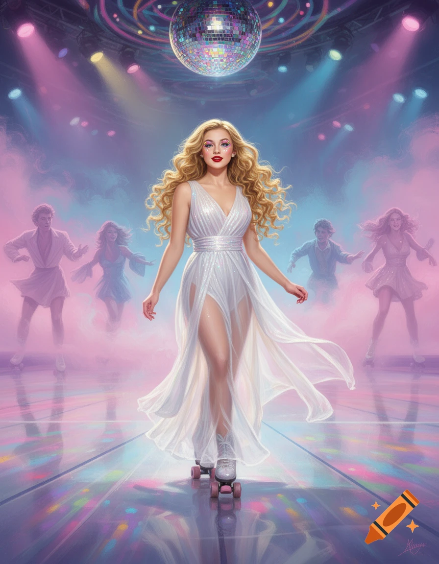 Sabrina Carpenter as Kira from Xanadu roller skating in a white dress on a vibrant disco floor under a sparkling disco ball.