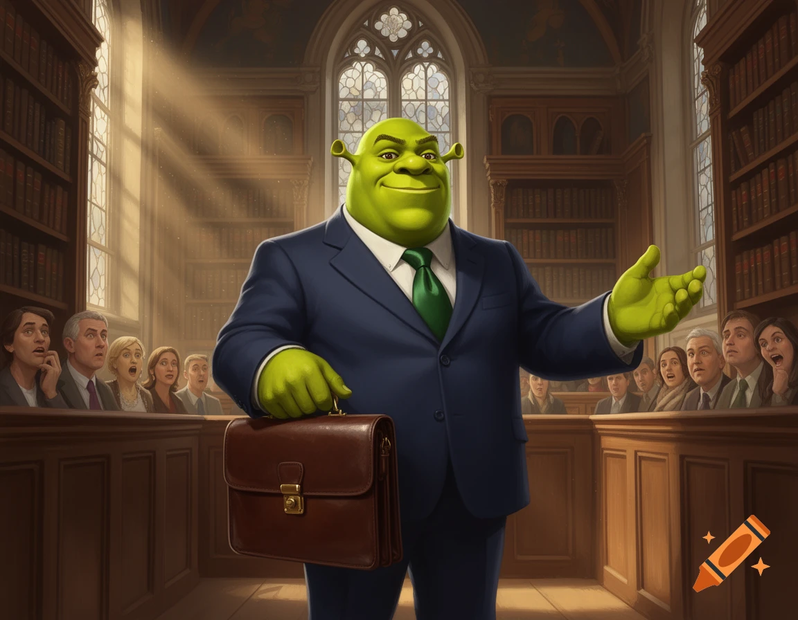 Shrek, dressed in a blue suit and green tie, stands in a grand courtroom, holding a briefcase and gesturing, while shocked spectators look on.