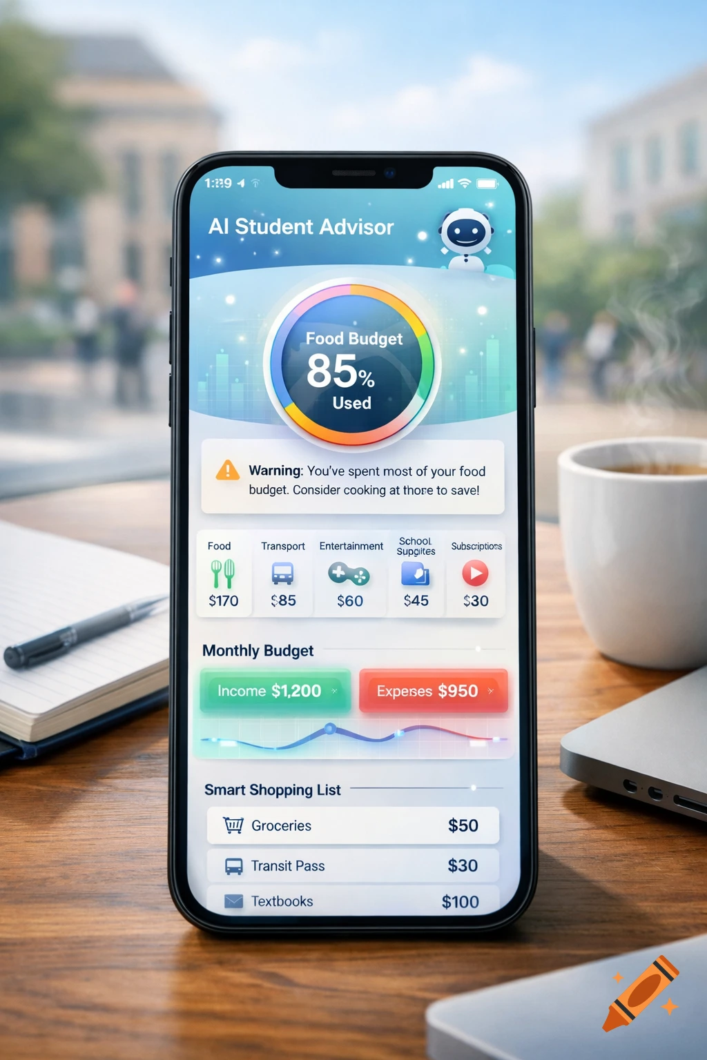 A smartphone displays a student financial advisor app with budget tracking and a smart shopping list on a wooden table with a notebook, pen, coffee cup, and laptop, against a blurred campus background.
