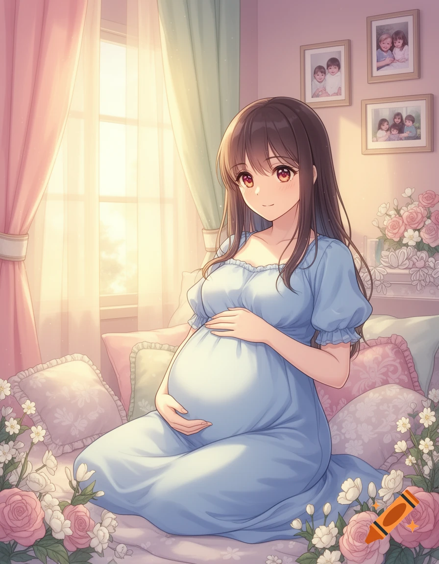 An anime pregnant woman with long brown hair, wearing a light blue dress, sits on a bed surrounded by flowers and pillows, holding her belly. Sunlight streams through a window.
