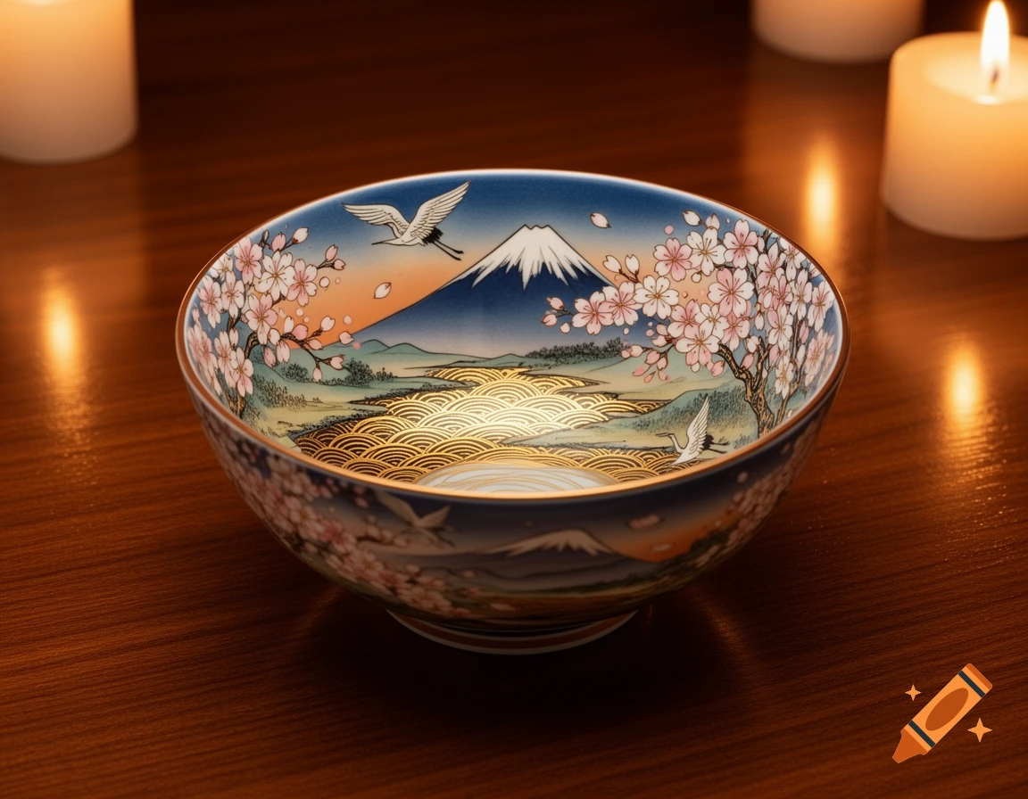 A Japanese bowl decorated with Mount Fuji, cherry blossoms, cranes, and golden waves, on a dark wooden table with soft candle light.