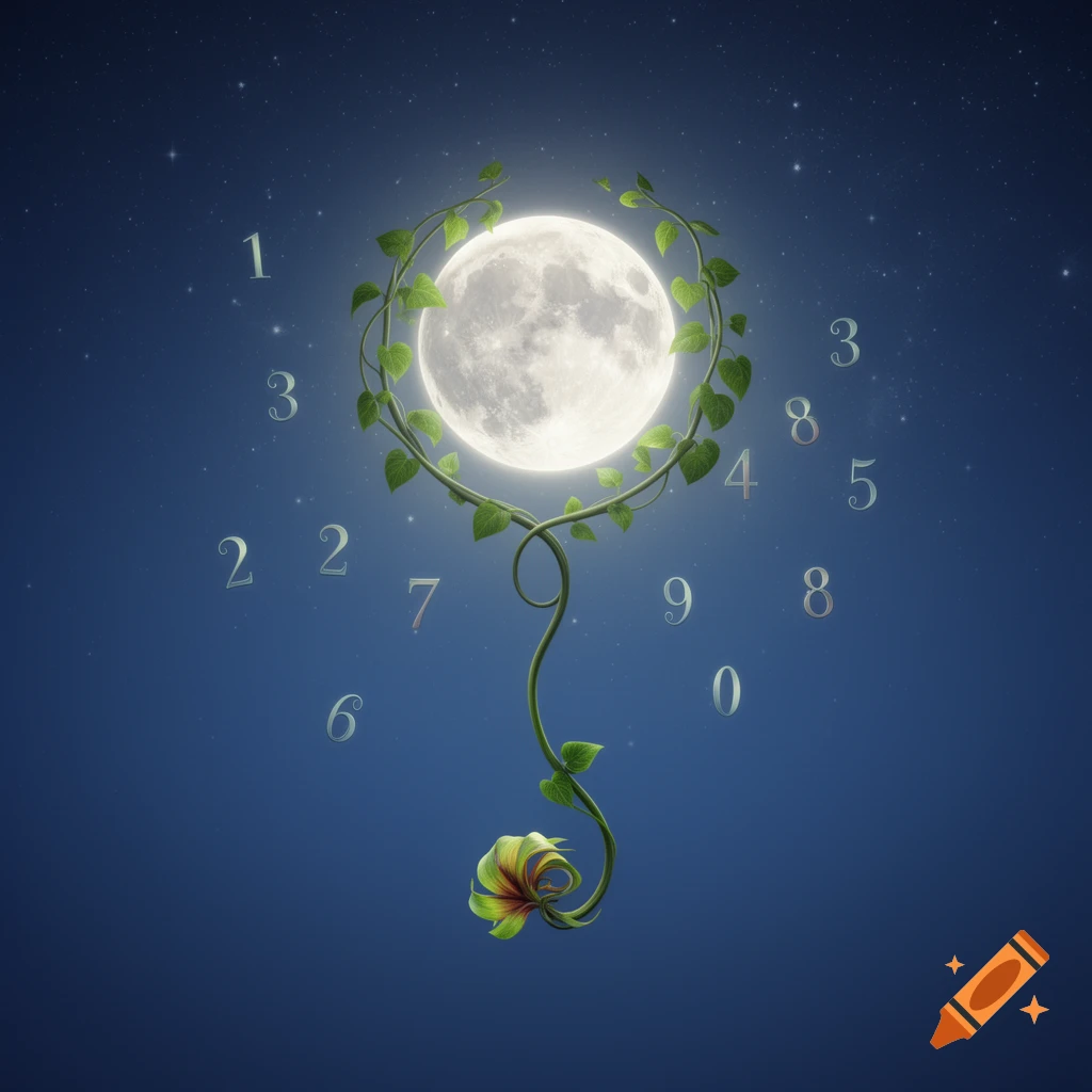 A glowing full moon is encircled by green vines with a flower, surrounded by floating silver numbers in a starry night sky.