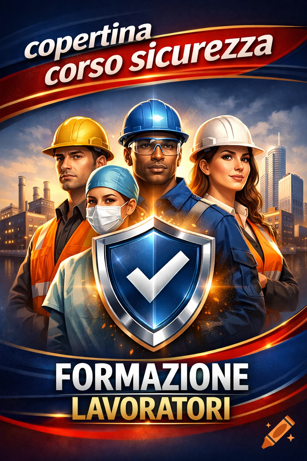 Cover for a safety course featuring diverse workers in hard hats and medical scrubs, with an industrial background.
