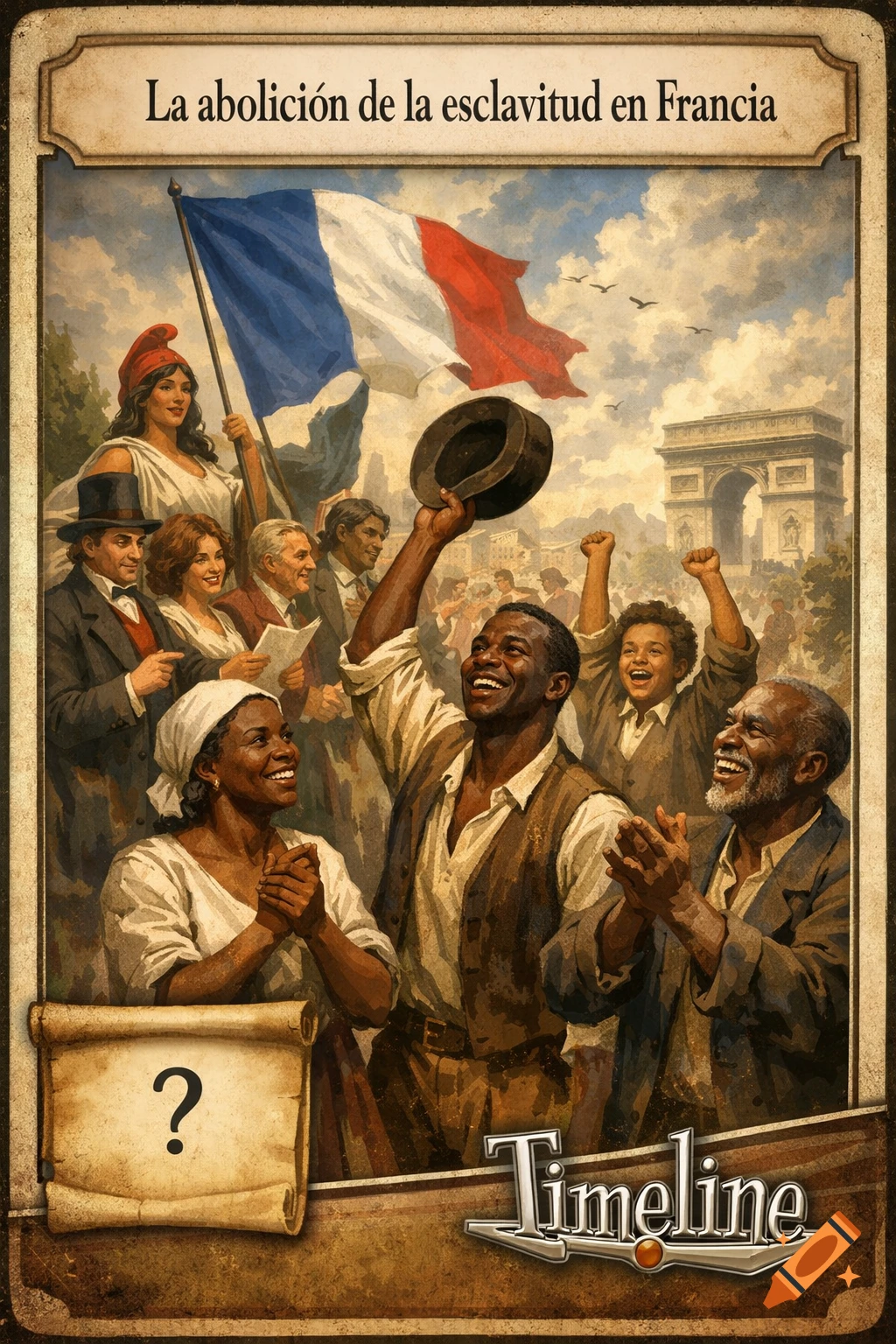 Illustration of the abolition of slavery in France, showing diverse people celebrating with a French flag and the Arc de Triomphe.
