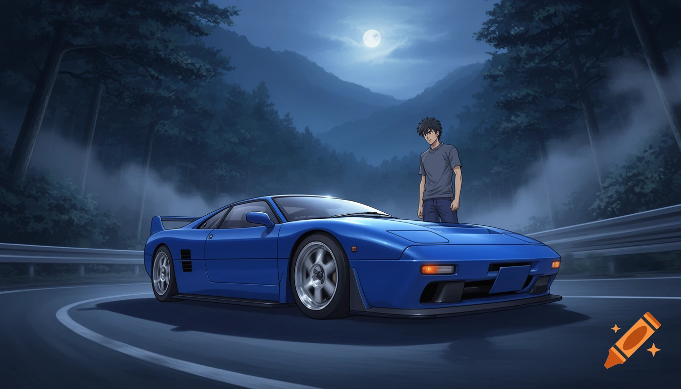 Anime illustration of a man standing next to a blue sports car on a winding mountain road at night under a full moon.