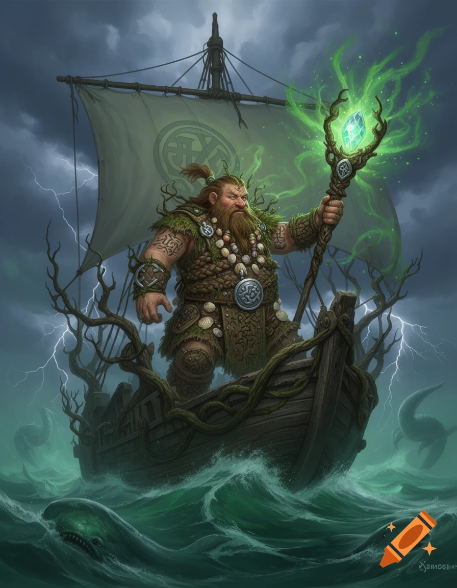 A bearded dwarven druid in mossy armor stands on a wooden ship amidst a stormy green sea with lightning, holding a glowing staff. Fantasy art.