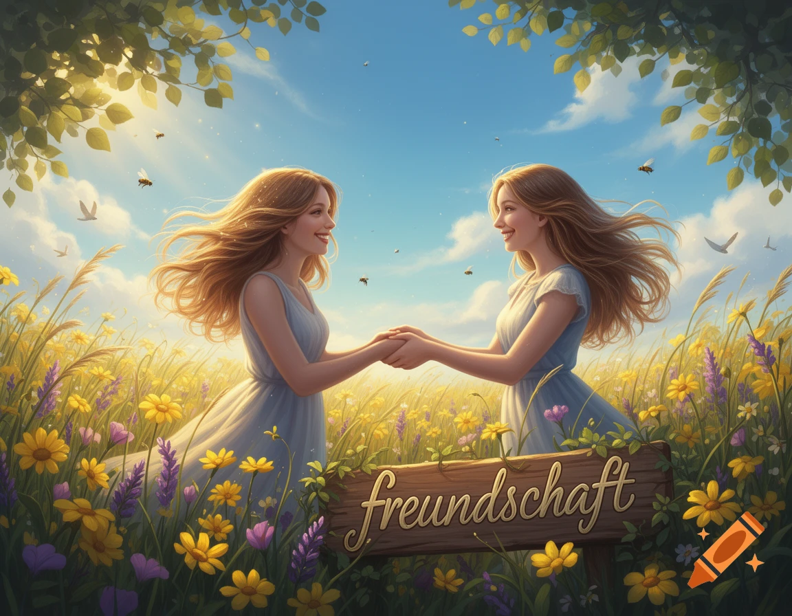 Two women holding hands in a sunny field of yellow and purple flowers under a blue sky, with a sign reading "freundschaft". Dreamy illustration.