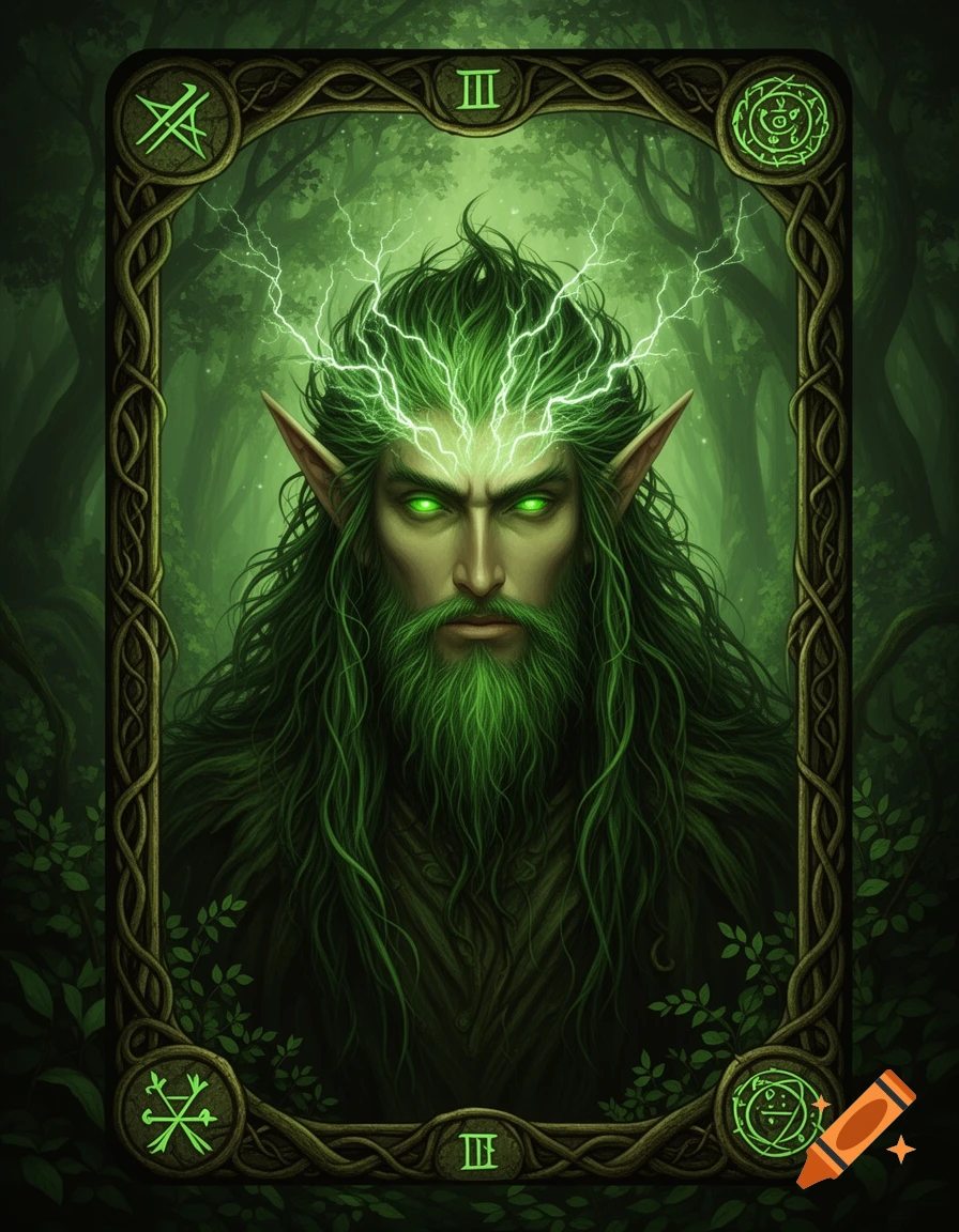 A detailed fantasy illustration of an elven druid with green hair, a beard, and glowing green eyes, surrounded by electric sparks, framed as a tarot card in a mystical forest.