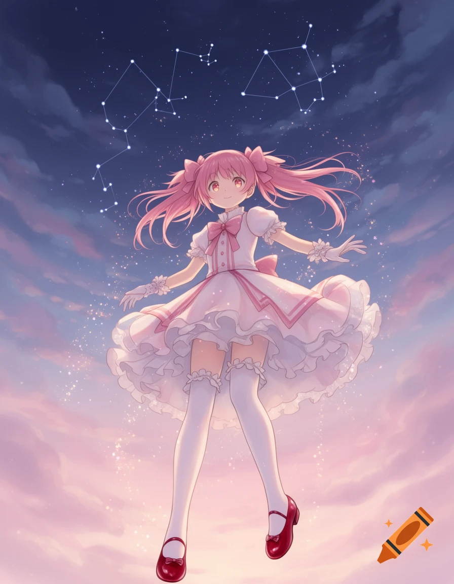 Anime illustration of a smiling girl with pink pigtails in a white dress, floating under a starry night sky with constellations.