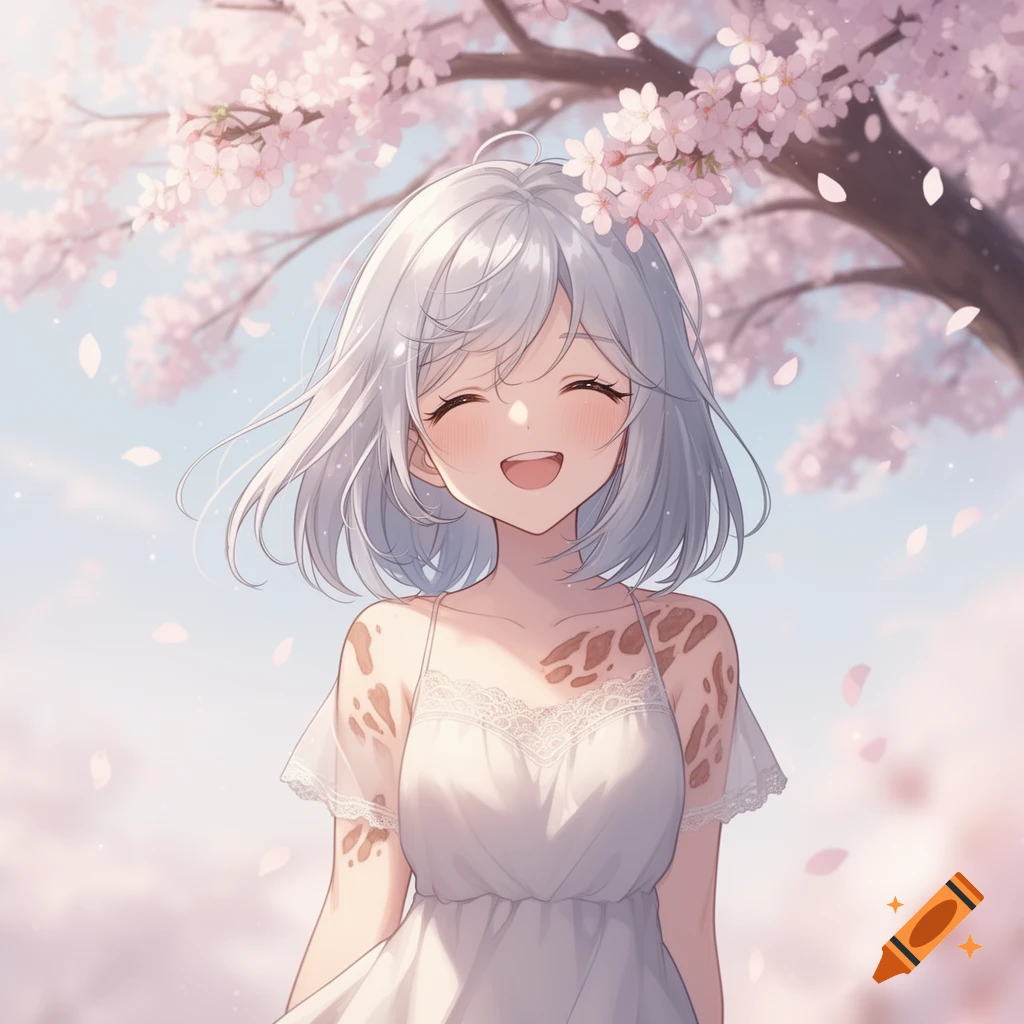 Smiling anime girl with silver hair and burn scars, wearing a white dress under a pink cherry blossom tree.