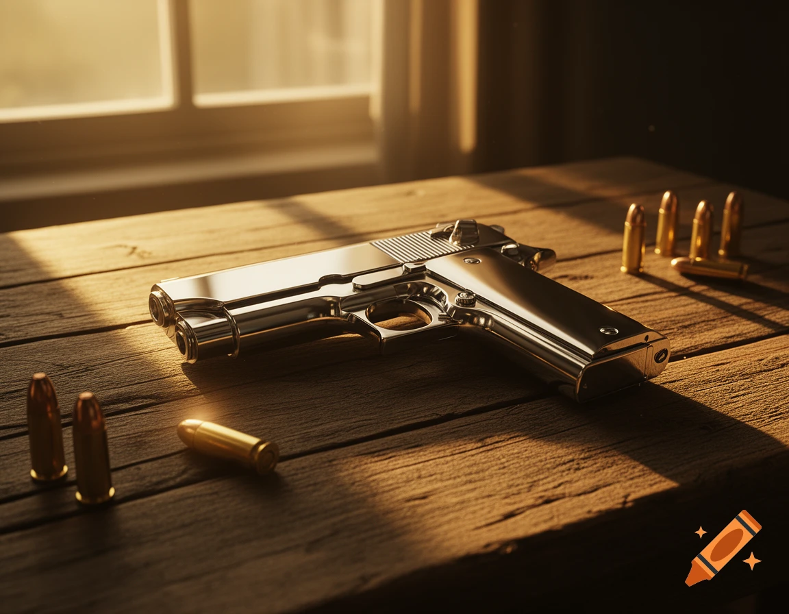 A shiny silver pistol and bullets rest on a wooden table, illuminated by golden sunlight from a window.