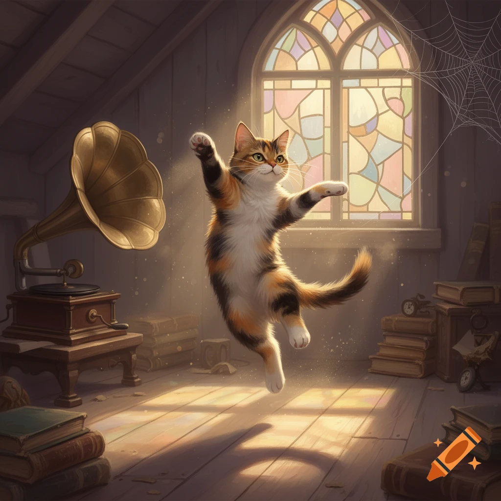 A calico cat jumps playfully in a dusty attic, bathed in sunlight from a stained glass window, near an old gramophone.