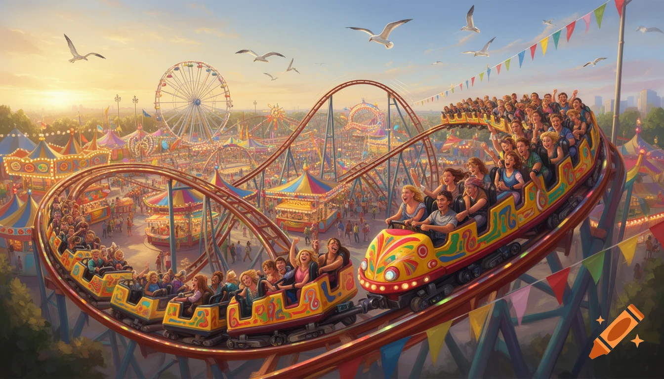 A vibrant amusement park scene with a large, yellow roller coaster full of cheering people under a sunny sky with gulls flying.