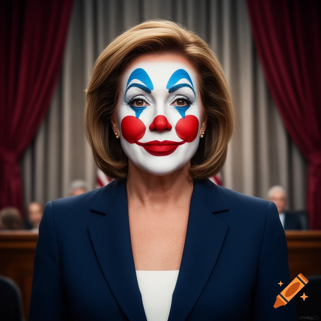 A photorealistic portrait of a woman with red, white, and blue clown makeup, wearing a dark suit in a formal setting.