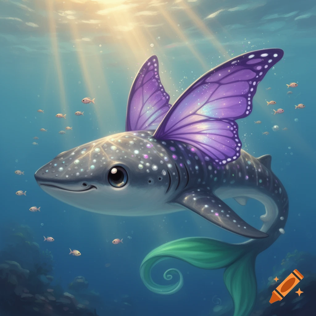 A cute cartoon whale shark with purple butterfly wings and a green mermaid tail swims in a sunlit ocean with small fish.