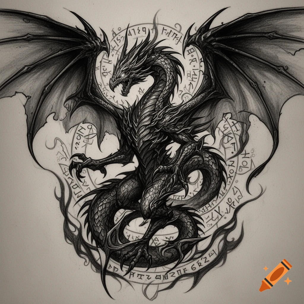 A detailed, dark fantasy sketch of a dragon with large wings, snarling, encircled by mystical, illegible symbols and decorative smoke-like elements in a tattoo art style.