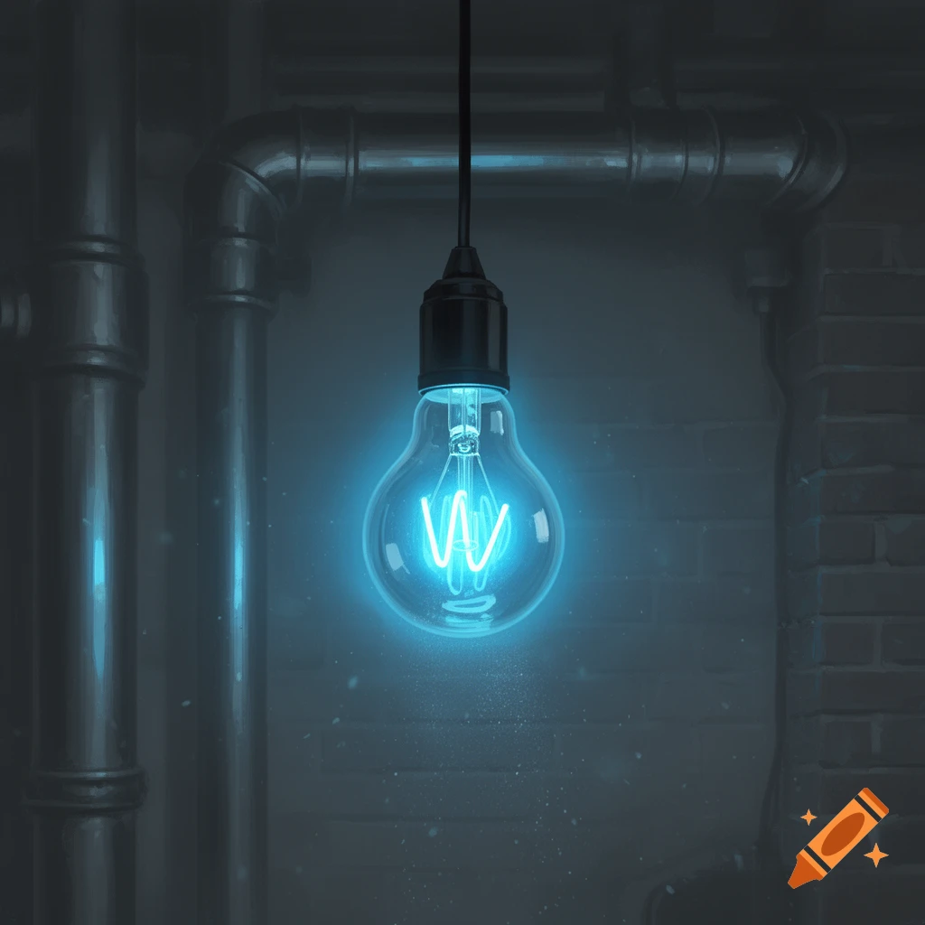A glowing neon blue lightbulb with a W-shaped filament hangs in a dark industrial room with pipes and a brick wall.