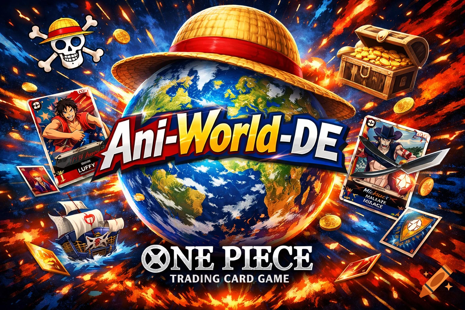 An anime-style promotional banner features an Earth wearing a straw hat, surrounded by One Piece trading cards, a pirate ship, treasure chest, and the logo Ani-World-DE, against a fiery, starry background.