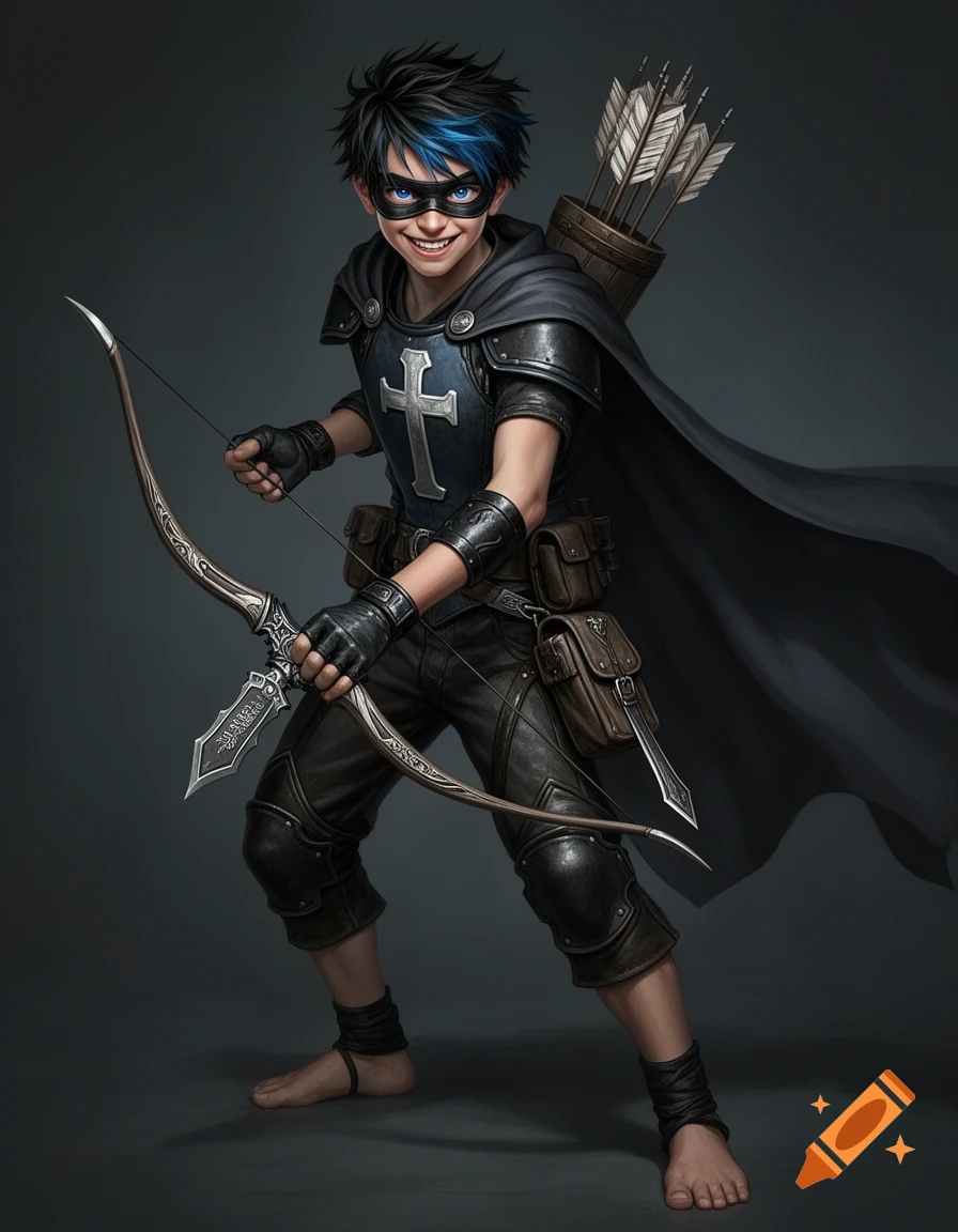 A young male archer in black armor with a cape, eye mask, and blue-streaked hair, holding a bow and quiver of arrows, with a fierce grin.