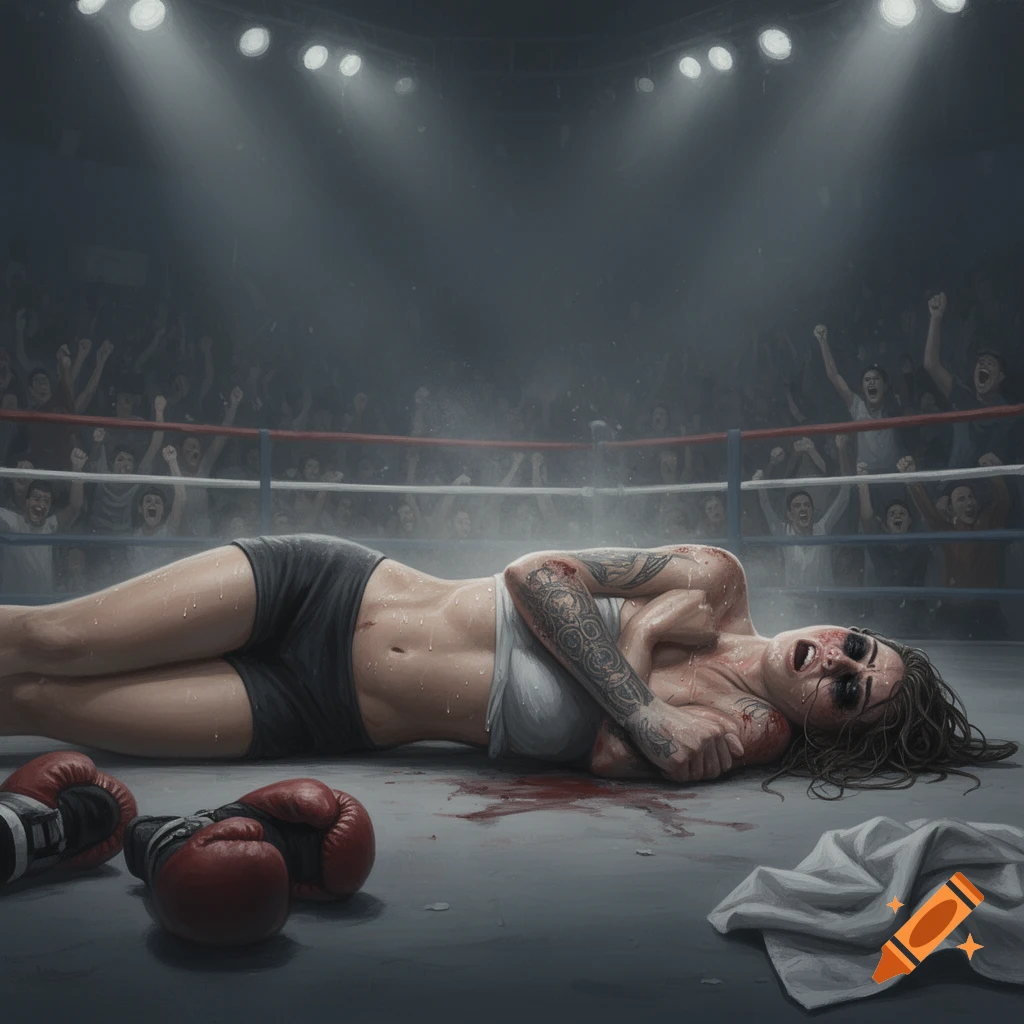 A defeated female boxer with injuries and tattoos lies on the ring floor amidst blood and boxing gloves as a crowd watches.
