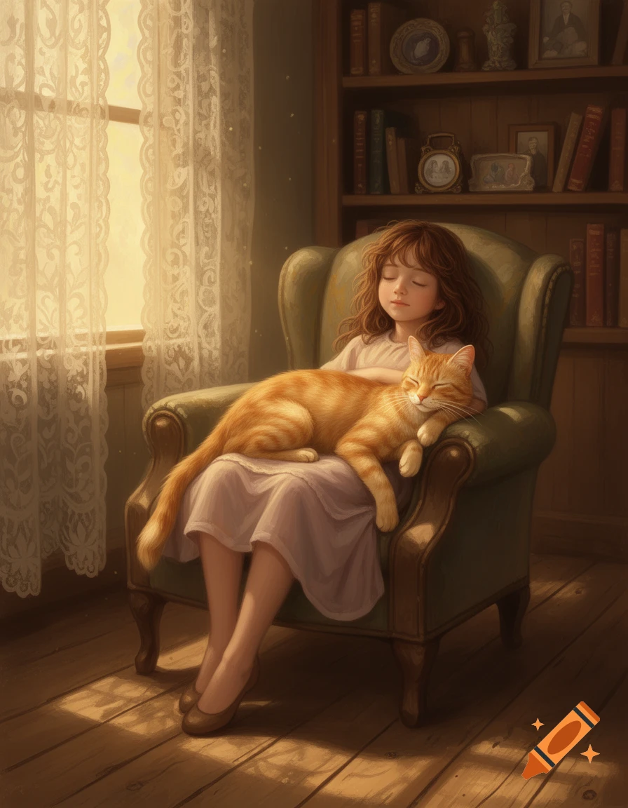 A young girl sleeps peacefully in an armchair, a ginger cat resting on her lap, bathed in warm sunlight from a window.