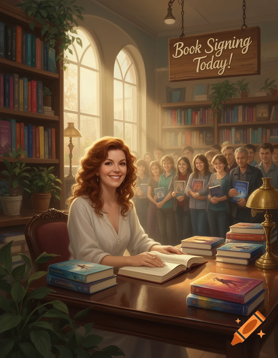 A smiling author with red curly hair sits at a wooden table signing a book in a sunlit bookstore, with a line of people waiting behind her and a "Book Signing Today!" sign overhead. Books are stacked on the table.