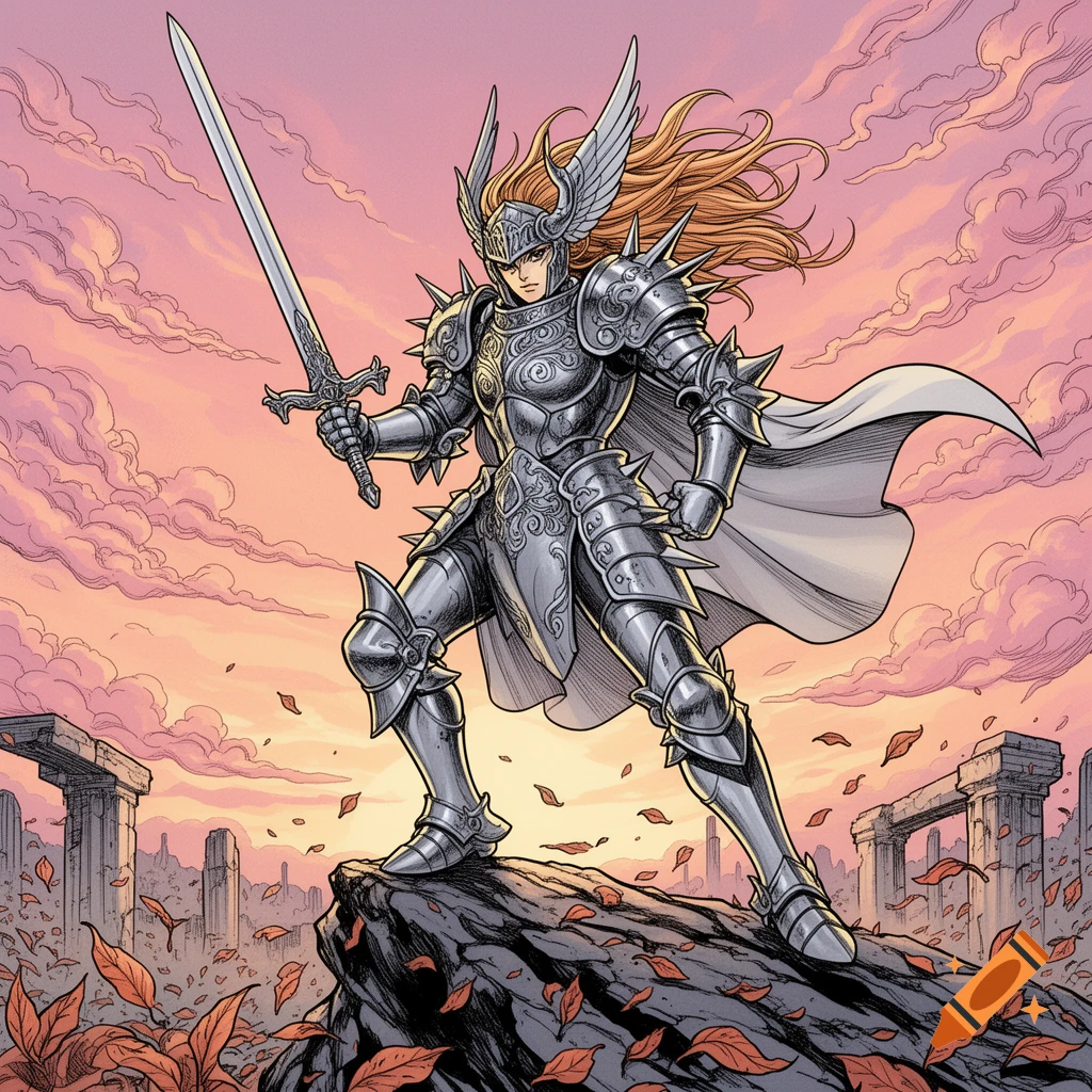 A female knight in spiked silver armor and winged helmet stands on a ...