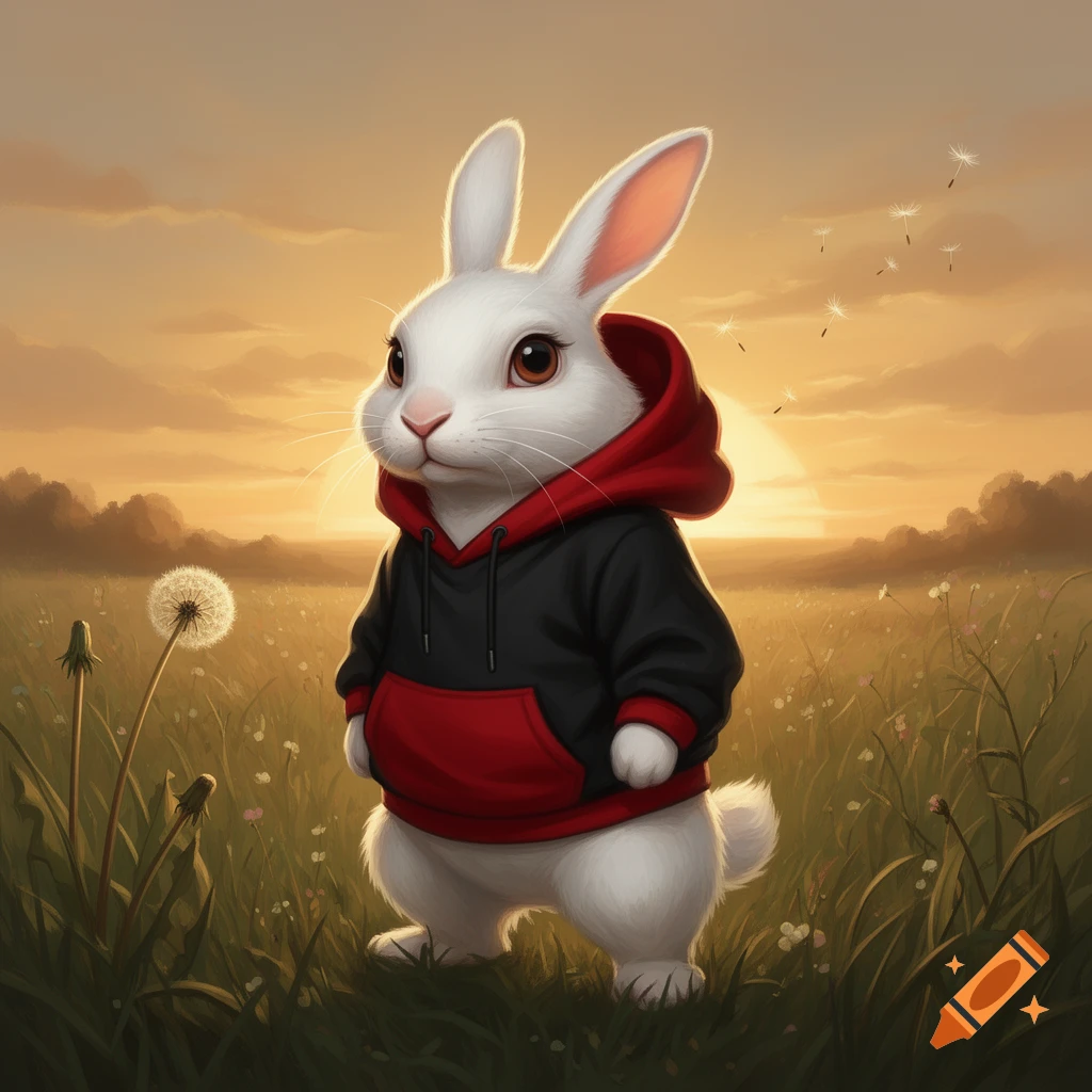 A white rabbit in a red and black hoodie stands in a field with ...