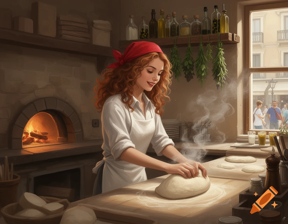 A young woman with red hair and a red bandana kneads dough in a rustic kitchen with a brick oven, a street visible outside. Painterly style.