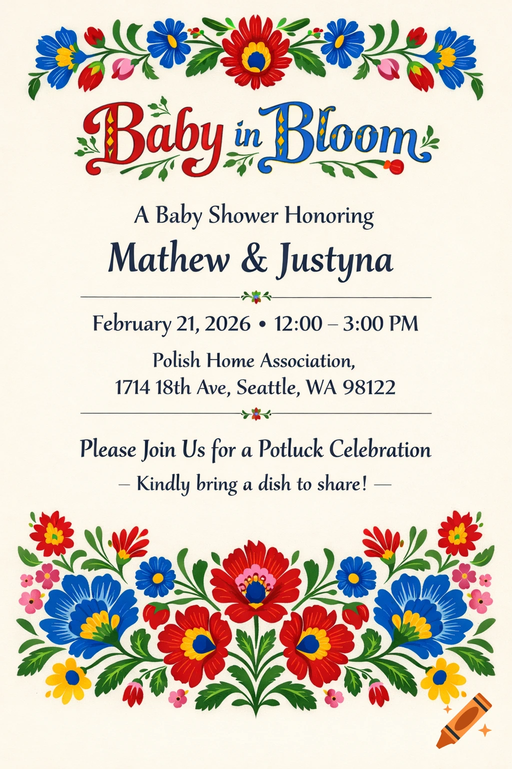 A baby shower invitation with "Baby in Bloom" title, event details, and colorful Polish folk art flowers.