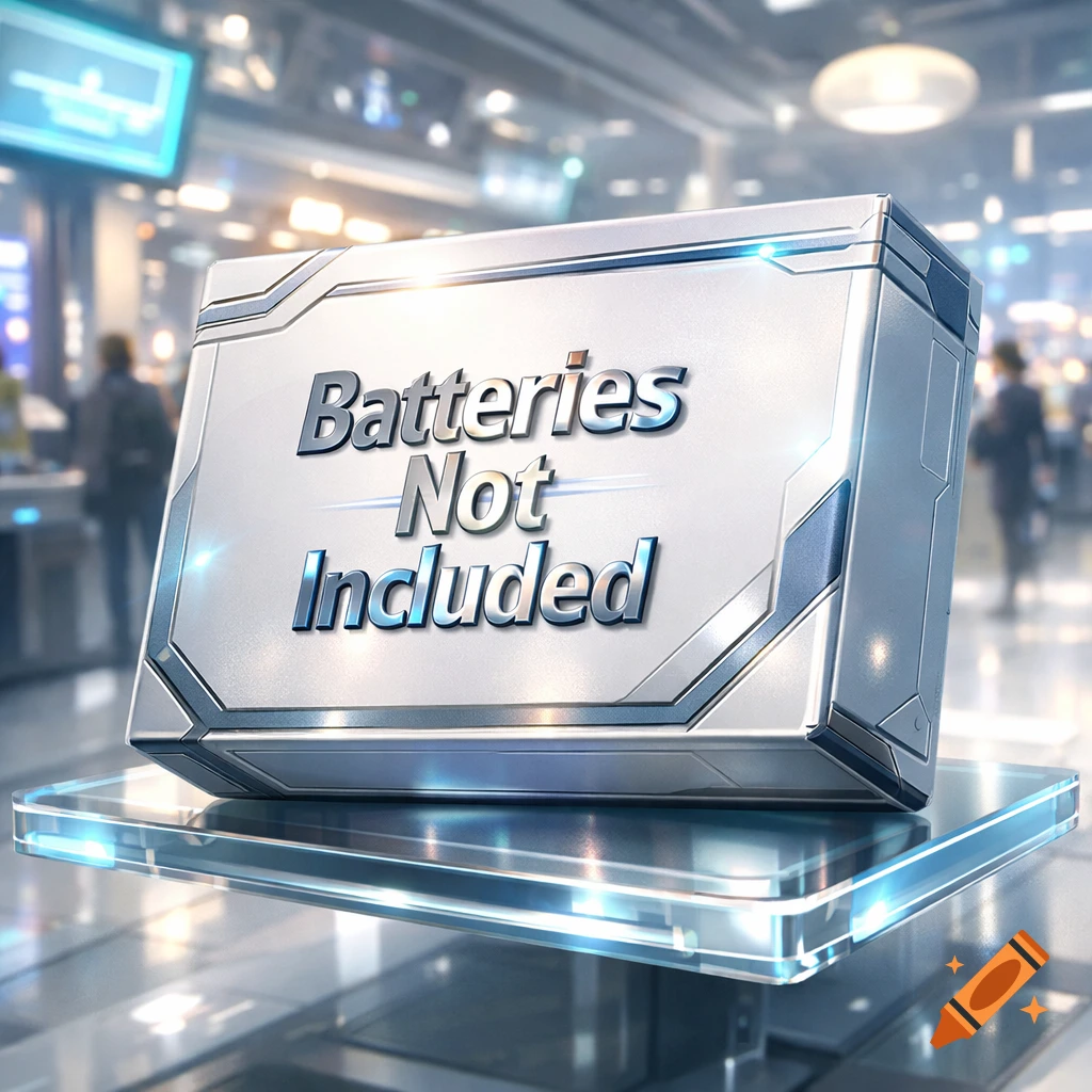 A sleek, metallic futuristic box with 'Batteries Not Included' on a clear display stand in a modern setting.