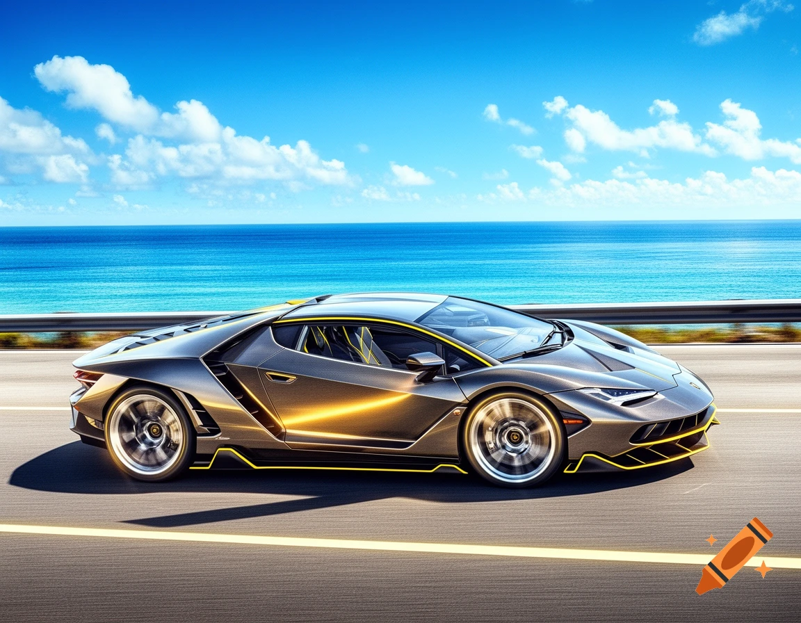A gray Lamborghini Centenario with yellow accents speeds on a coastal highway next to a vivid blue ocean and sky.