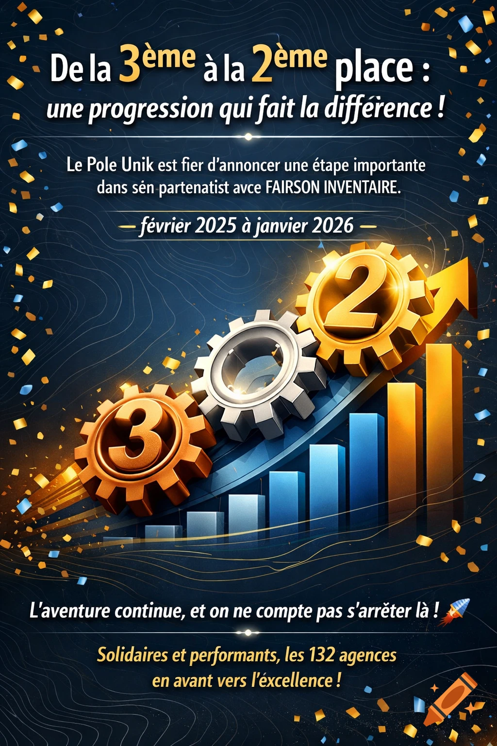 An infographic on a dark blue background with gold and silver confetti, showing 3D gears with numbers 3 and 2, a rising bar chart, and an upward arrow, all symbolizing business progression and success with French text.