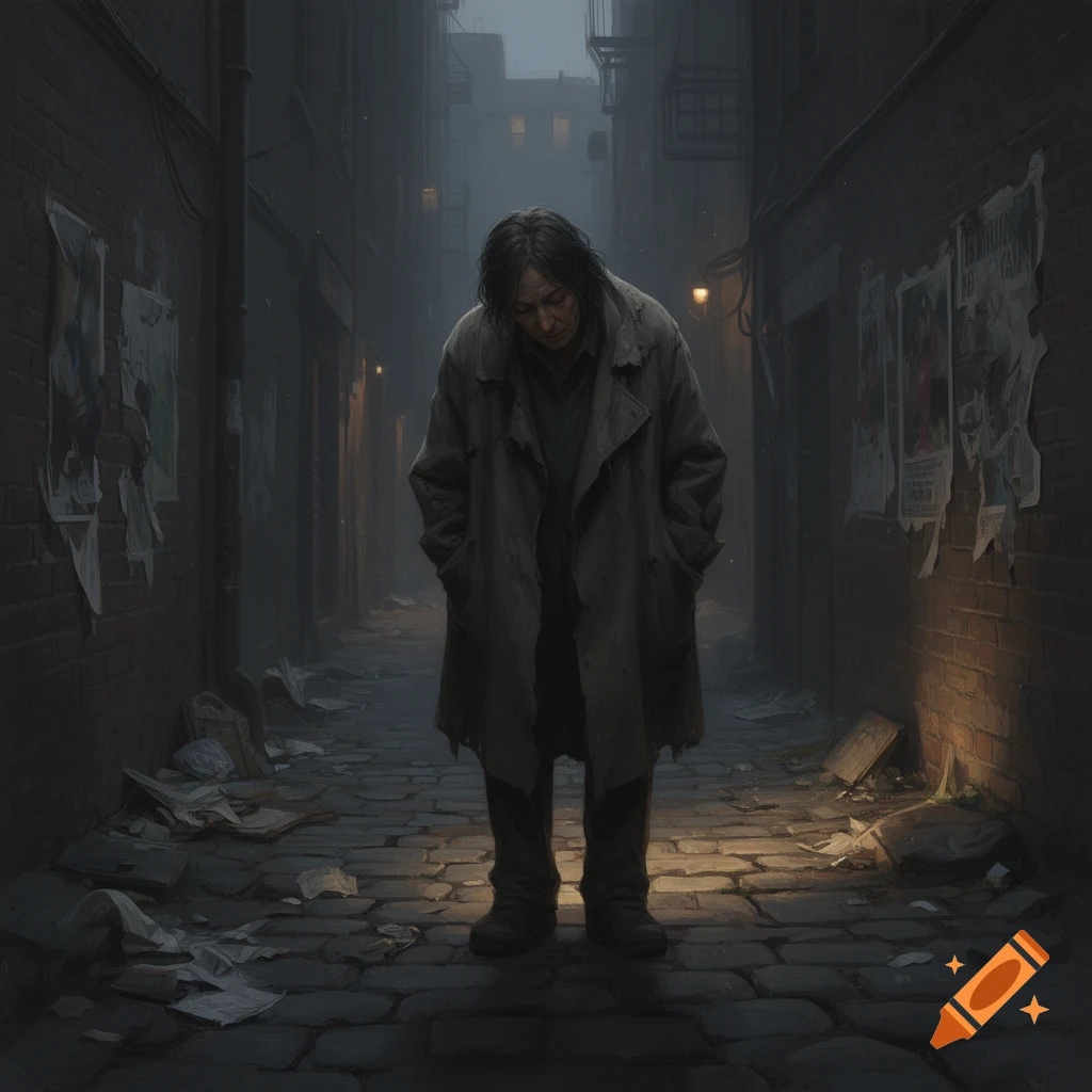 A disheveled person stands alone in a dark, cluttered urban alley at night, illuminated by a faint light.