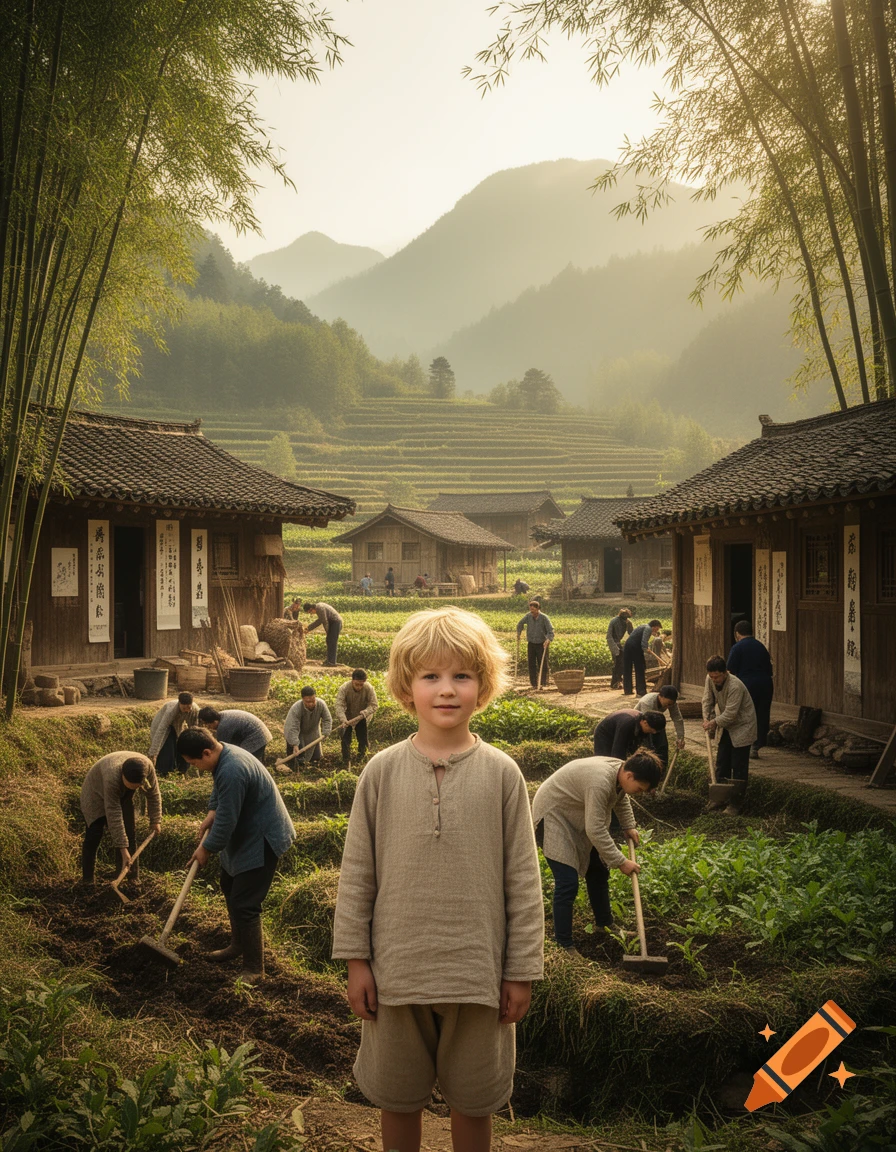 A young blond boy stands in the foreground of a rural Asian landscape with terraced fields, traditional houses, and farmers working.