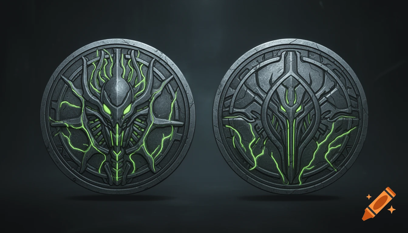 Two dark silver coins with neon green glowing, intricate sci-fi or fantasy designs, displayed side-by-side on a dark background.