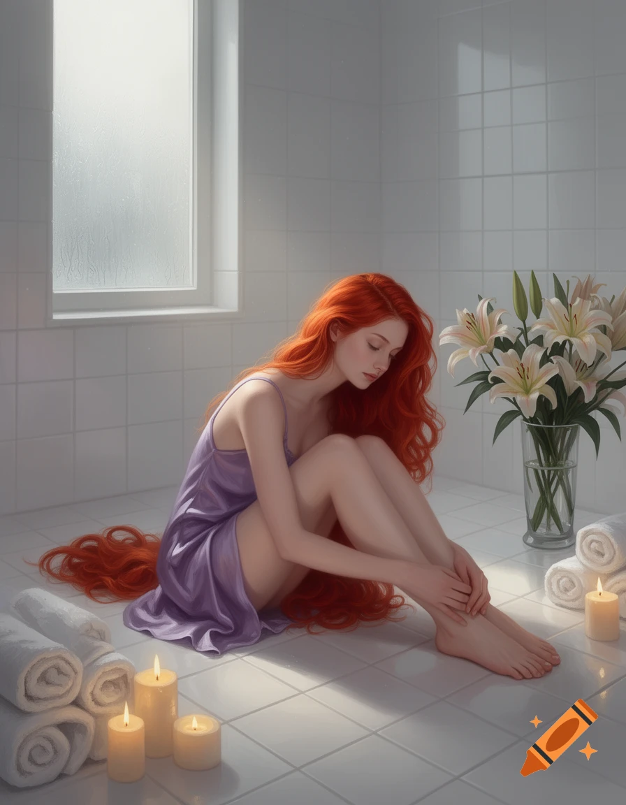 A redhead woman in a purple slip sits on a tiled bathroom floor, surrounded by candles, white towels, and a vase of lilies.