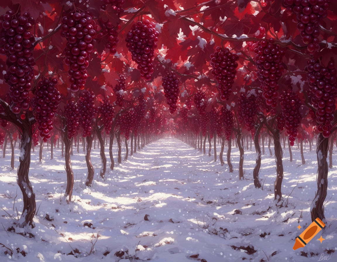 A vibrant vineyard with deep red leaves and large clusters of maroon grapes, covered in a blanket of white snow.