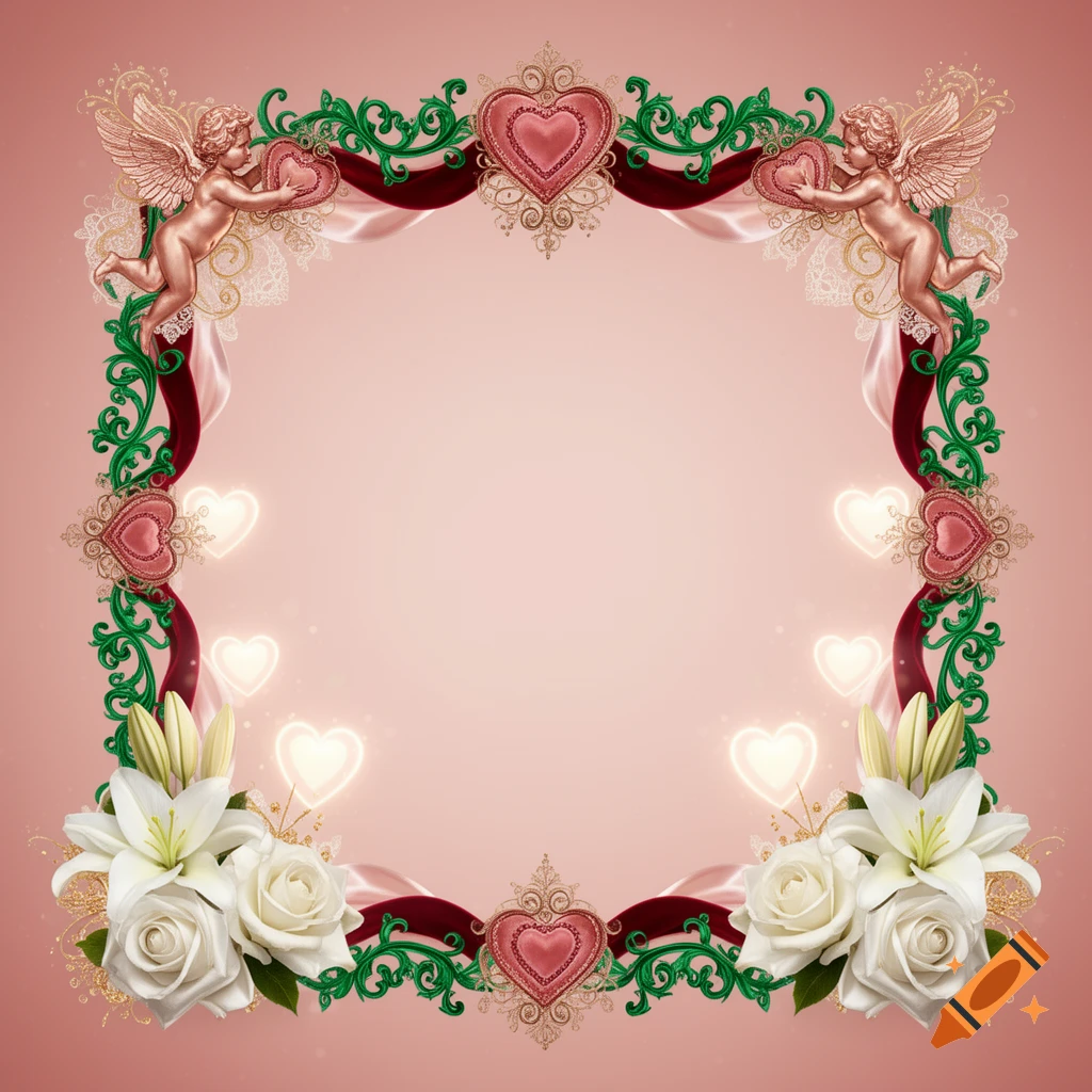 A romantic Valentine's Day border with cherubs, red hearts, green ornate scrolls, white lilies and roses, and glowing small hearts on a pink background.
