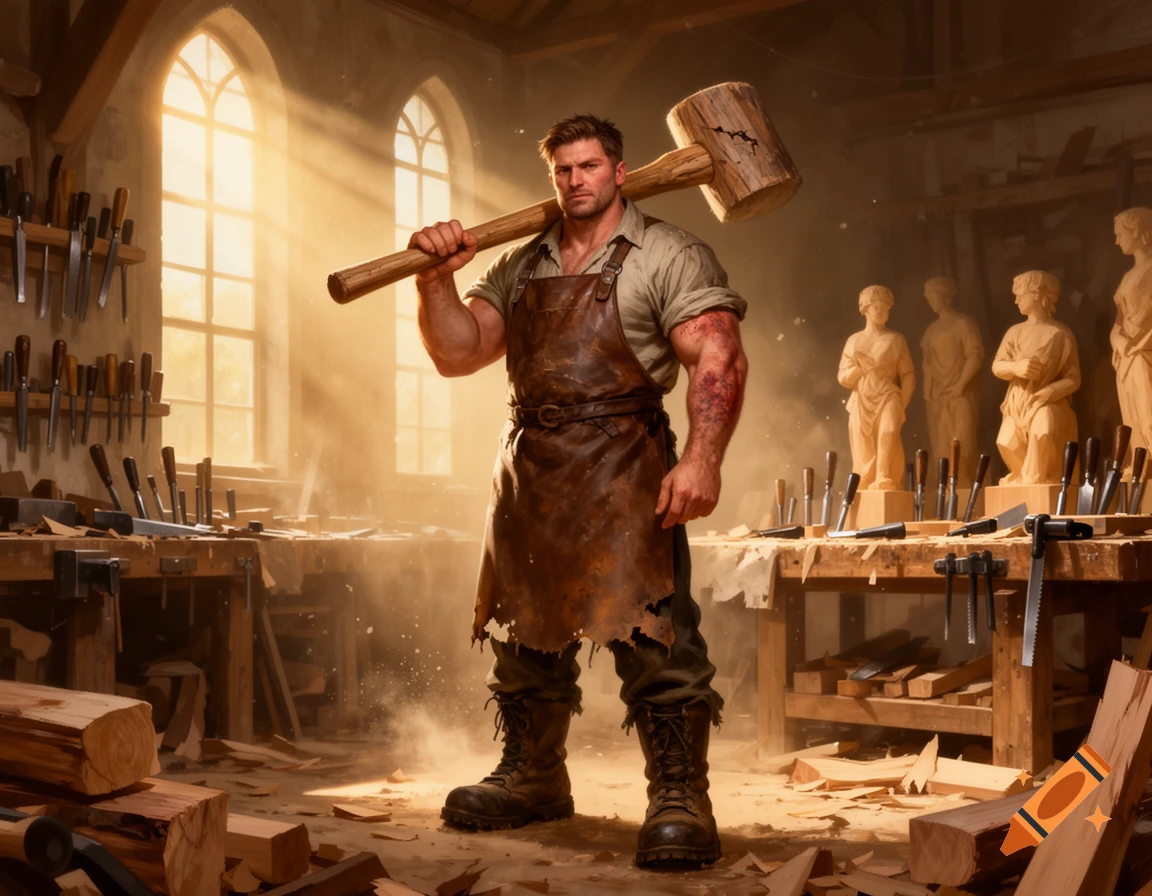 A muscular man in a leather apron holds a large wooden mallet in a sunlit woodworking shop filled with tools and wood carvings.