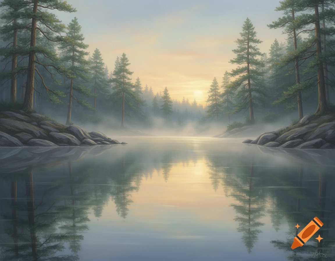 A serene painting of a misty lake surrounded by pine trees at sunrise ...