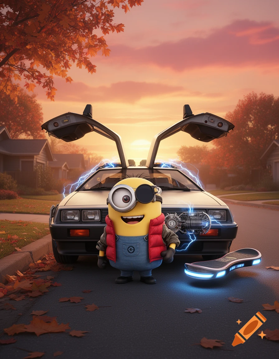 A Minion dressed as Marty McFly stands next to a glowing DeLorean and a hoverboard on an autumn street at sunset.