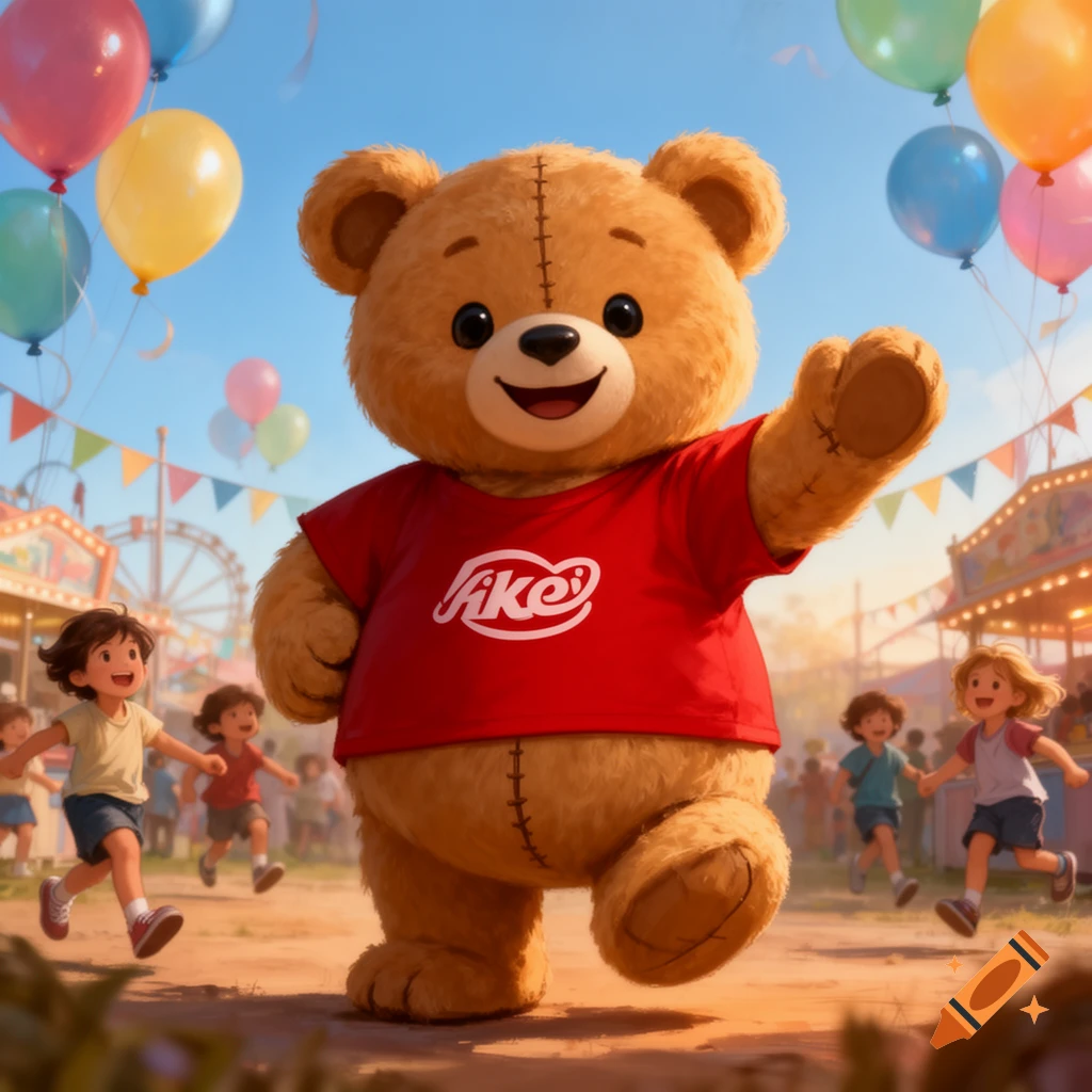 A friendly teddy bear mascot in a red shirt waves at a sunny carnival with balloons and children running around.