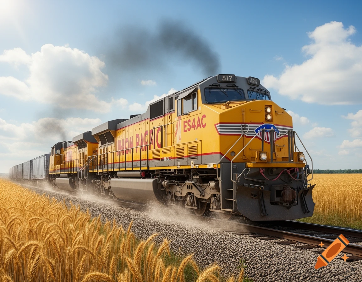 A yellow Union Pacific train with multiple cars travels through a golden wheat field under a blue sky, kicking up dust.