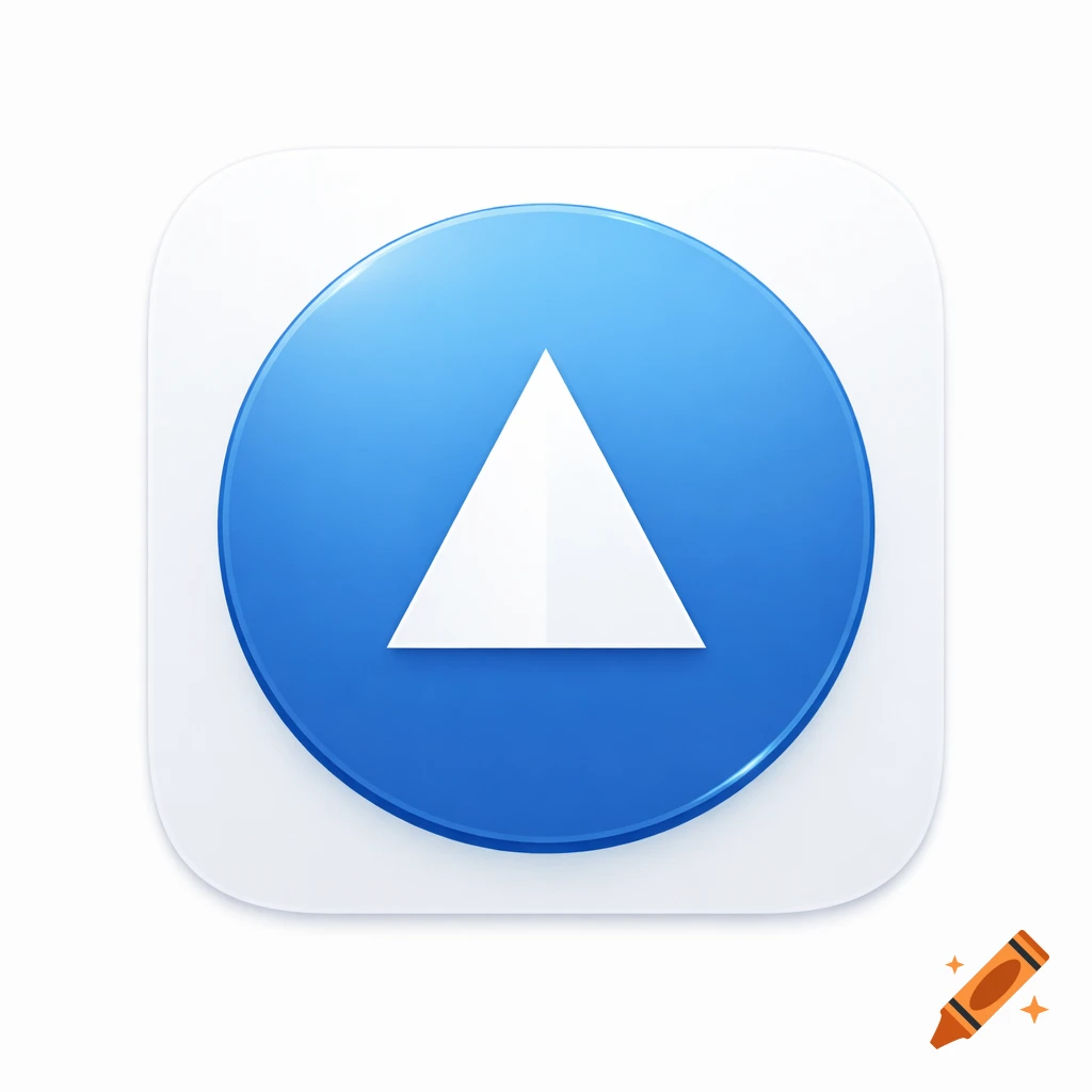A minimalist app icon featuring a white triangle pointing upwards within a glossy blue circle, on a white rounded square background.