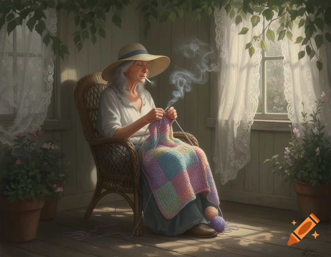 An old woman sits in a wicker chair on a porch, knitting a colorful blanket and smoking a cigarette, bathed in sunlight.